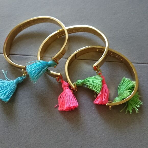 Lilly Pulitzer Gold Plated Tassels Cuff Bracelet x3 Turquoise, pink & blue - Picture 2 of 9